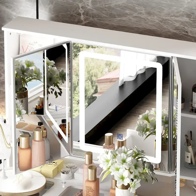 Coiffeuse blanche avec lumières, 9 tiroirs, miroir réglable – 3 couleurs, 1 personne