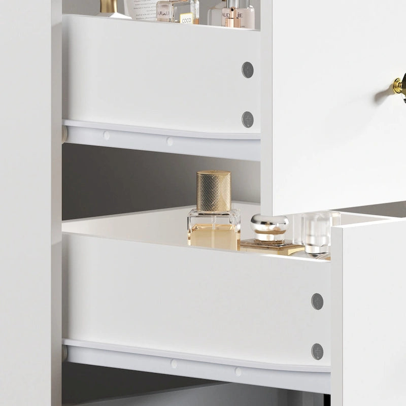 Coiffeuse blanche avec lumières, 9 tiroirs, miroir réglable – 3 couleurs, 1 personne
