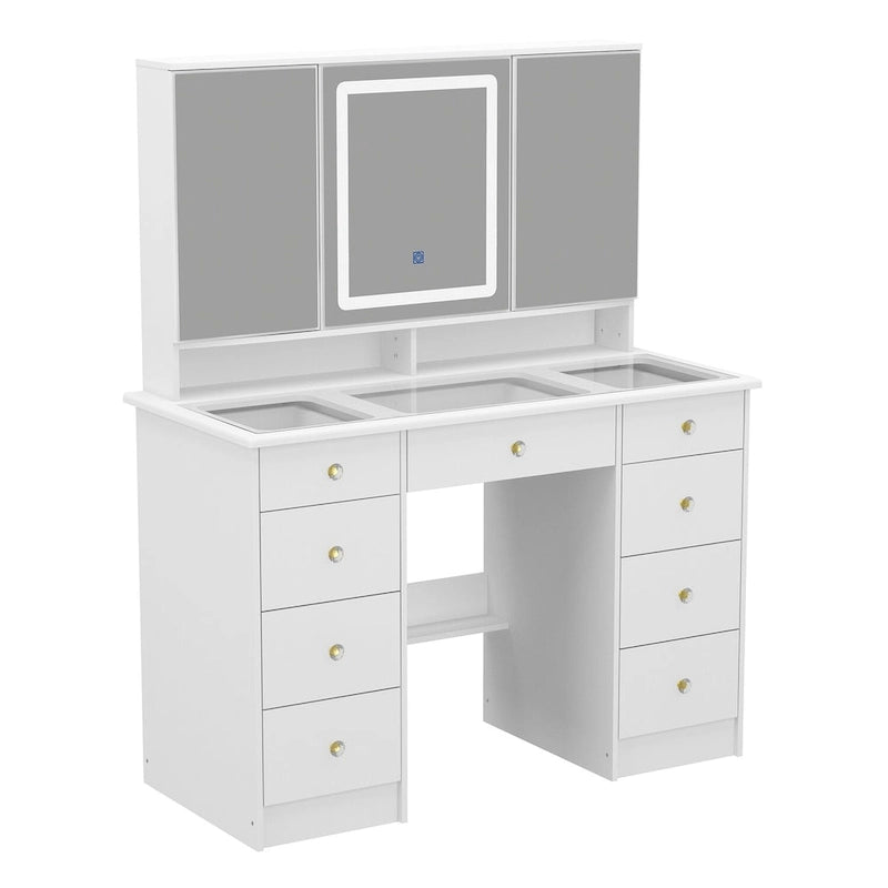 Coiffeuse blanche avec lumières, 9 tiroirs, miroir réglable – 3 couleurs, 1 personne