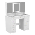 Coiffeuse blanche avec lumières, 9 tiroirs, miroir réglable – 3 couleurs, 1 personne