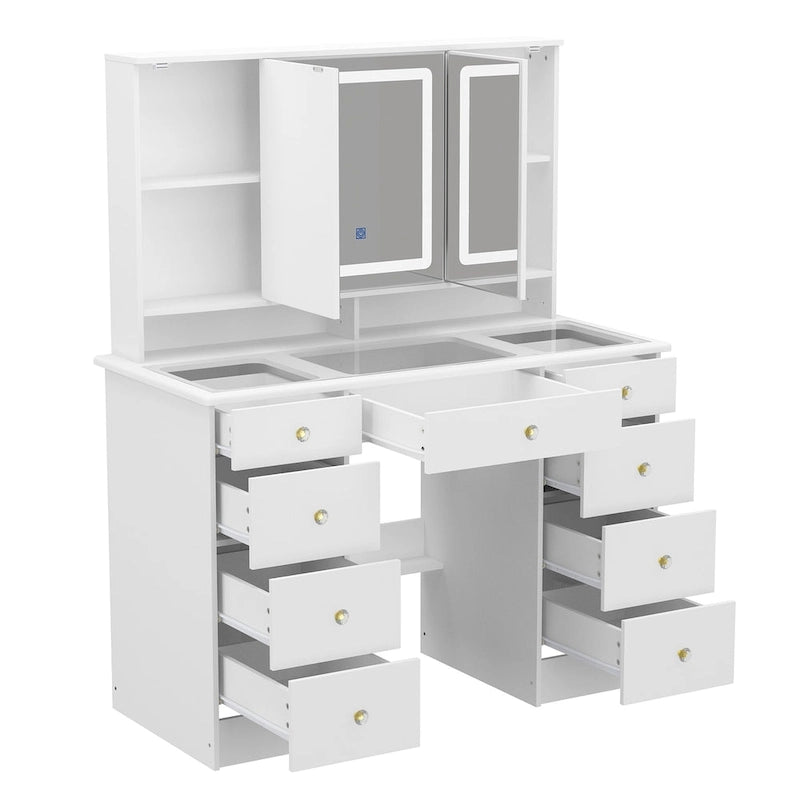 Coiffeuse blanche avec lumières, 9 tiroirs, miroir réglable – 3 couleurs, 1 personne