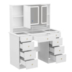Coiffeuse blanche avec lumières, 9 tiroirs, miroir réglable – 3 couleurs, 1 personne