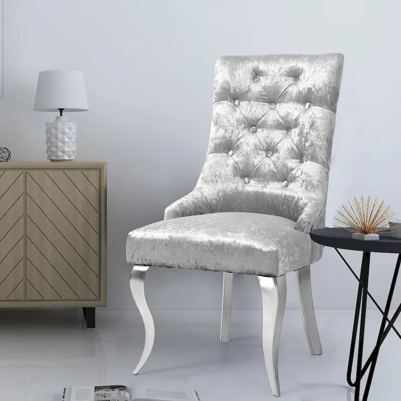 Chaise de salle à manger en velours argenté capitonné à oreilles, avec heurtoir en forme de lion, simple