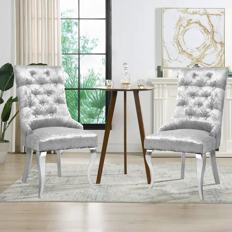 Chaise de salle à manger en velours argenté capitonné à oreilles, avec heurtoir en forme de lion, simple