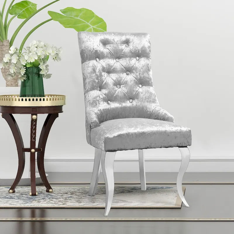 Chaise de salle à manger en velours argenté capitonné à oreilles, avec heurtoir en forme de lion, simple