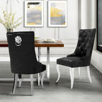 Chaise de salle à manger en velours argenté capitonné à oreilles, avec heurtoir en forme de lion, simple