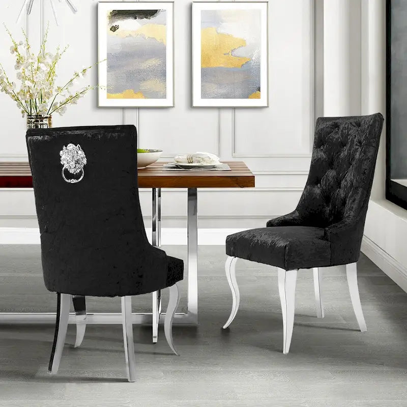 Chaise de salle à manger en velours argenté capitonné à oreilles, avec heurtoir en forme de lion, simple