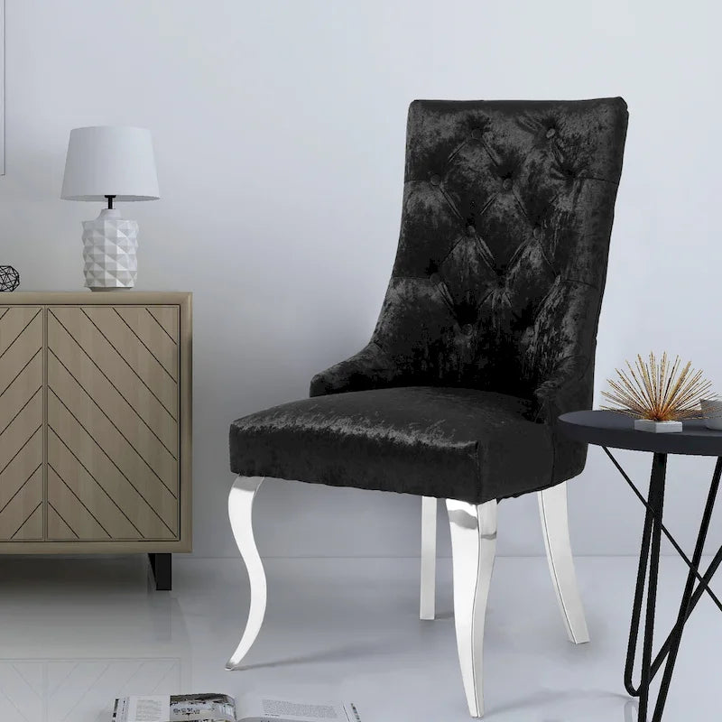 Chaise de salle à manger en velours argenté capitonné à oreilles, avec heurtoir en forme de lion, simple