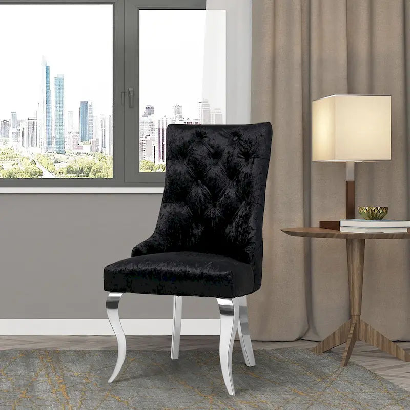 Chaise de salle à manger en velours argenté capitonné à oreilles, avec heurtoir en forme de lion, simple