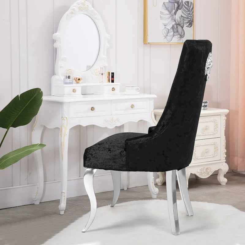 Chaise de salle à manger en velours argenté capitonné à oreilles, avec heurtoir en forme de lion, simple