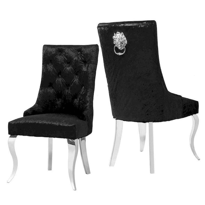 Chaise de salle à manger en velours argenté capitonné à oreilles, avec heurtoir en forme de lion, simple