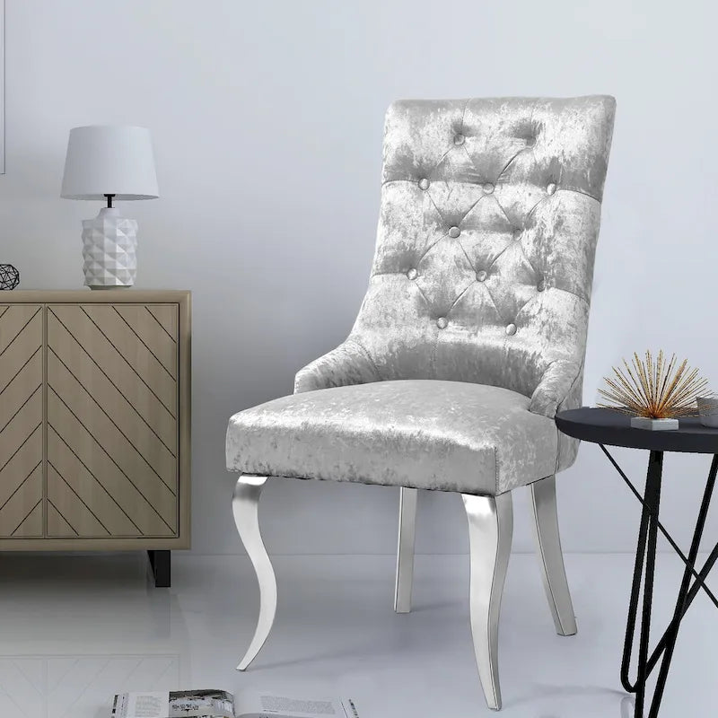 Chaise de salle à manger en velours argenté capitonné à oreilles, avec heurtoir en forme de lion, simple