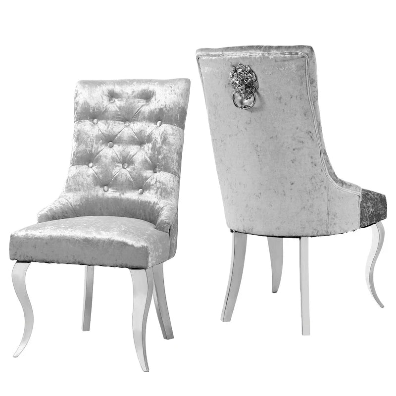Chaise de salle à manger en velours argenté capitonné à oreilles, avec heurtoir en forme de lion, simple