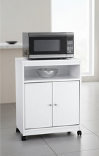 Chariot micro-ondes blanc avec roulettes, rangement à un niveau
