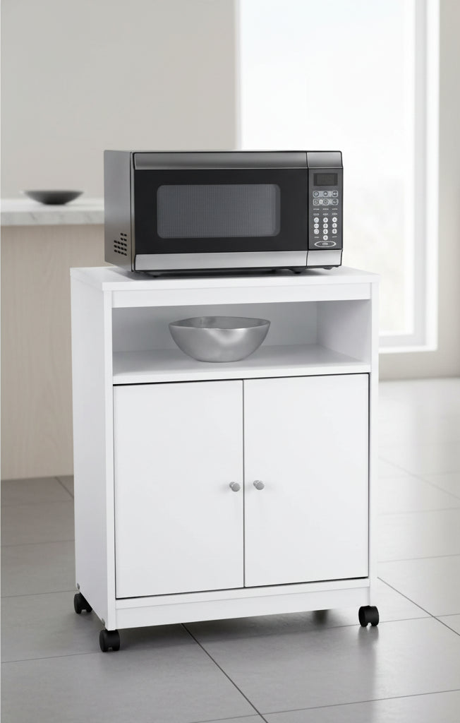 Chariot micro-ondes blanc avec roulettes, rangement à un niveau