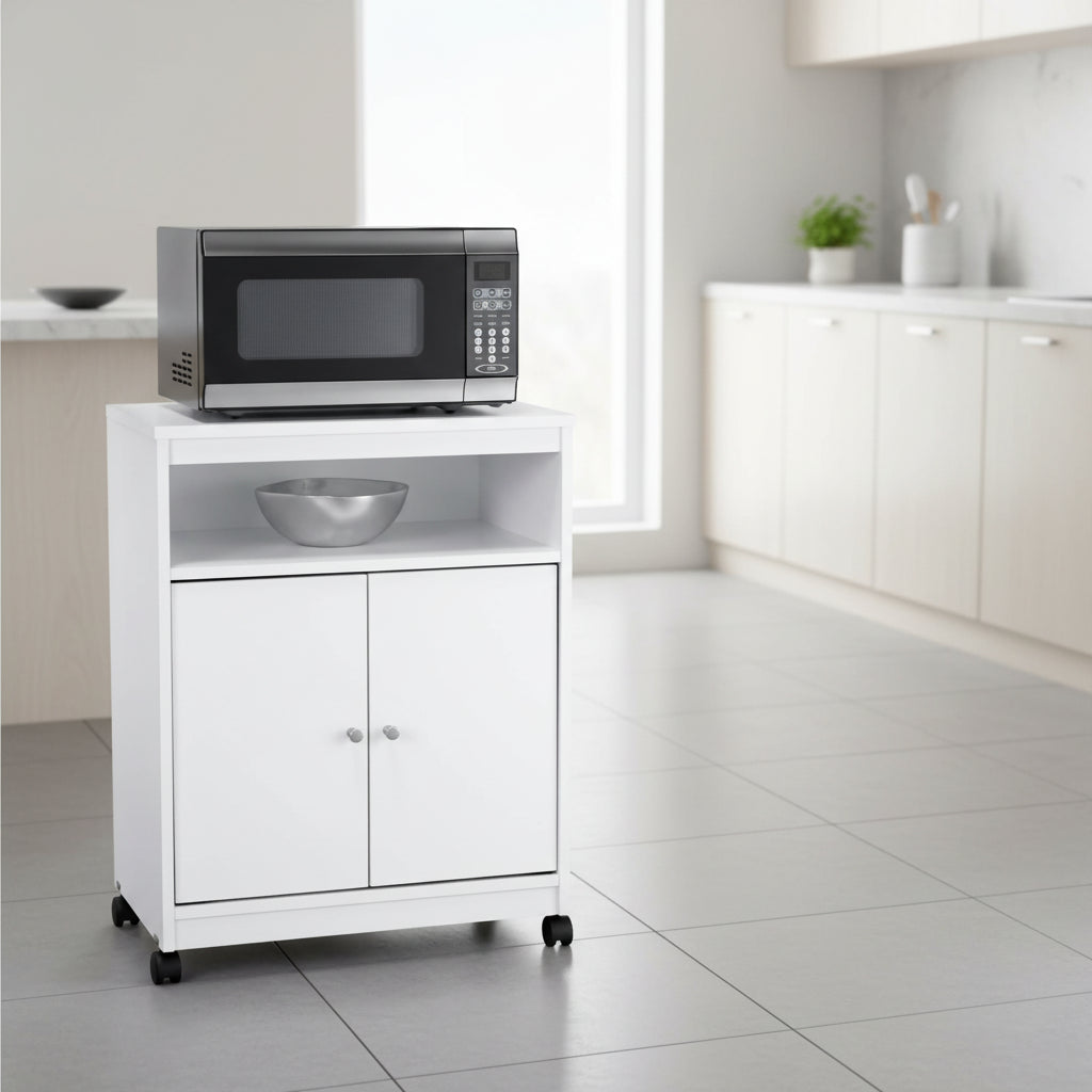 White Utility Cart / Kitchen Microwave Cart with Casters - 14.7 x 23.6 x 30.3 inches