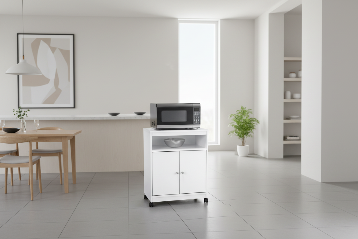 Chariot micro-ondes blanc avec roulettes, rangement à un niveau