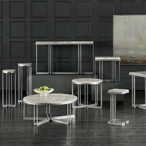 Table Basse Ronde en Onyx Blanc et Métal Étain, 1 Pièce