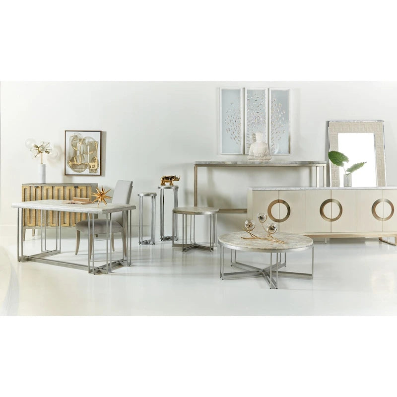 Table Basse Ronde en Onyx Blanc et Métal Étain, 1 Pièce