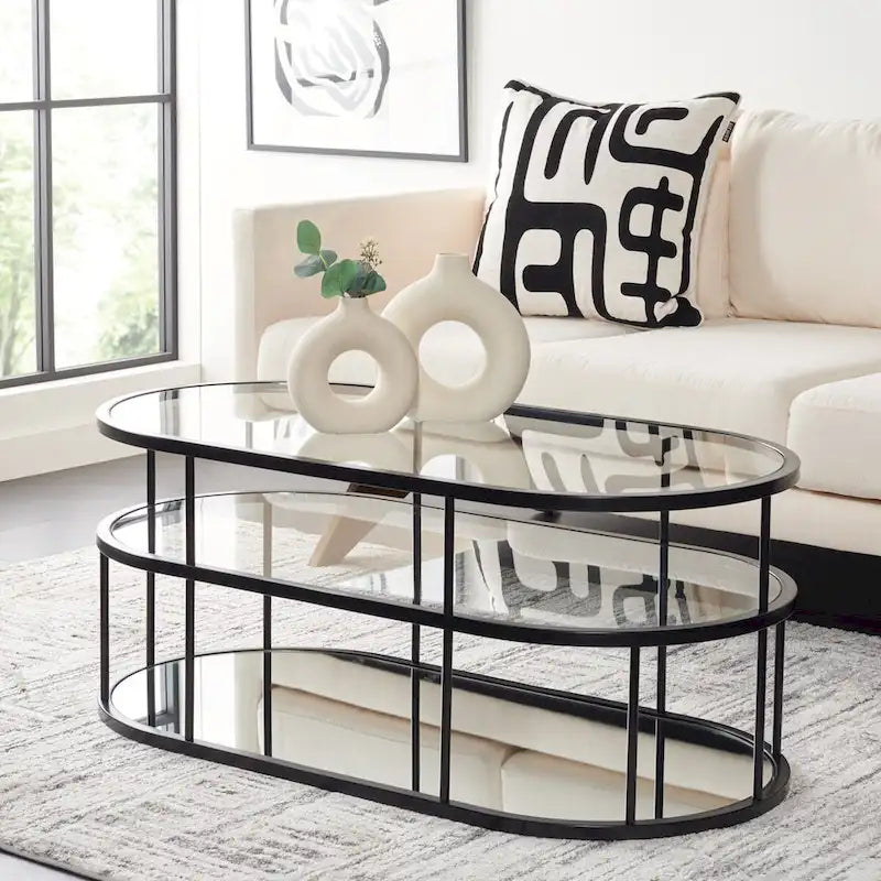 Table basse à 2 niveaux en verre, doré / noir mat, 107 cm (L) x 53 cm (P) x 43 cm (H)