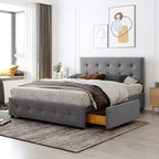 Lit plate-forme queen size rembourré gris clair avec tête de lit et 4 tiroirs, assemblage à 2 personnes