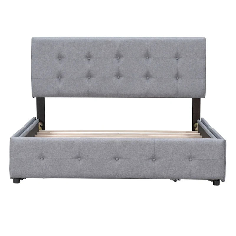 Lit plate-forme queen size rembourré gris clair avec tête de lit et 4 tiroirs, assemblage à 2 personnes