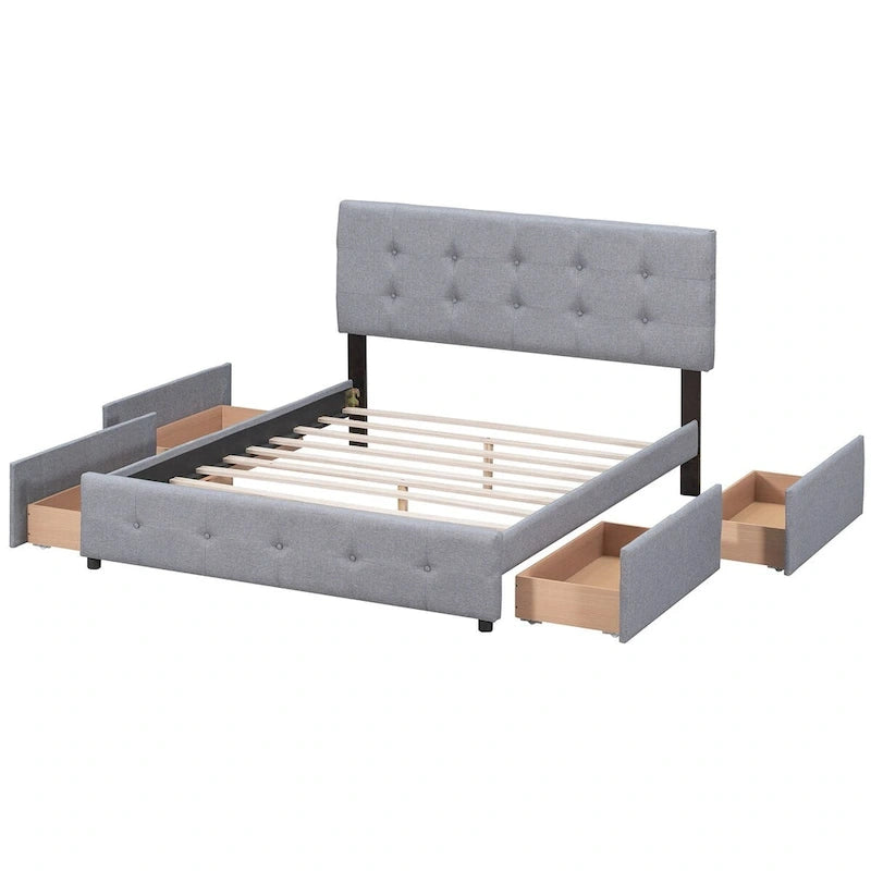 Lit plate-forme queen size rembourré gris clair avec tête de lit et 4 tiroirs, assemblage à 2 personnes