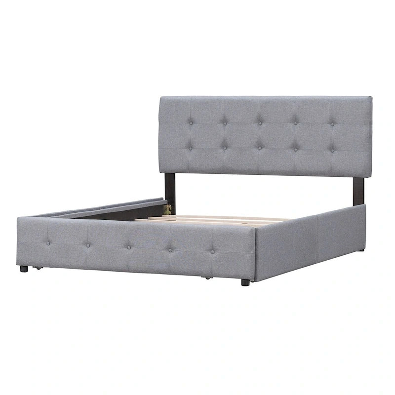 Lit plate-forme queen size rembourré gris clair avec tête de lit et 4 tiroirs, assemblage à 2 personnes