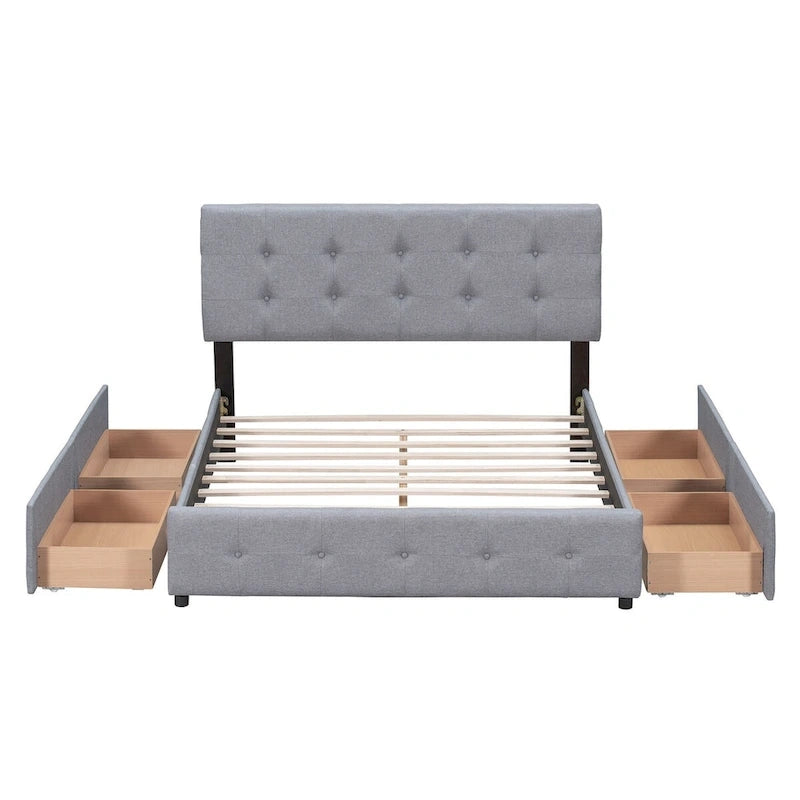 Lit plate-forme queen size rembourré gris clair avec tête de lit et 4 tiroirs, assemblage à 2 personnes