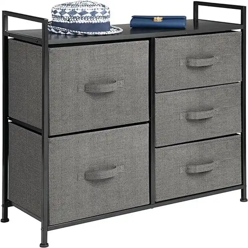 Commode de rangement à 5 tiroirs avec plateau en bois – Anthracite / Espresso / Crème Doré / Gris