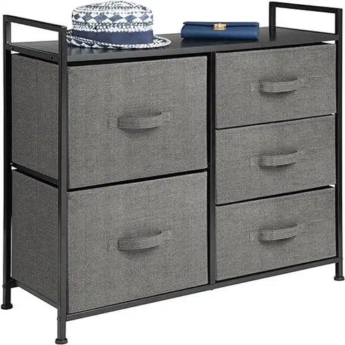 Commode de rangement à 5 tiroirs avec plateau en bois – Anthracite / Espresso / Crème Doré / Gris