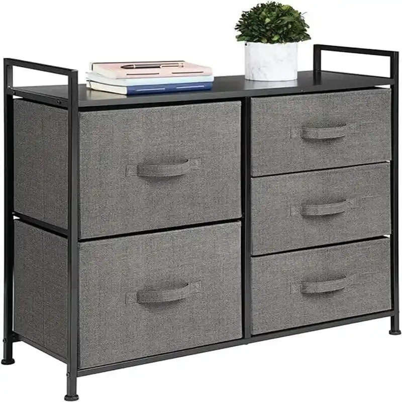 Commode de rangement à 5 tiroirs avec plateau en bois – Anthracite / Espresso / Crème Doré / Gris