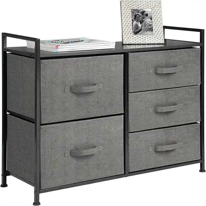 Commode de rangement à 5 tiroirs avec plateau en bois – Anthracite / Espresso / Crème Doré / Gris