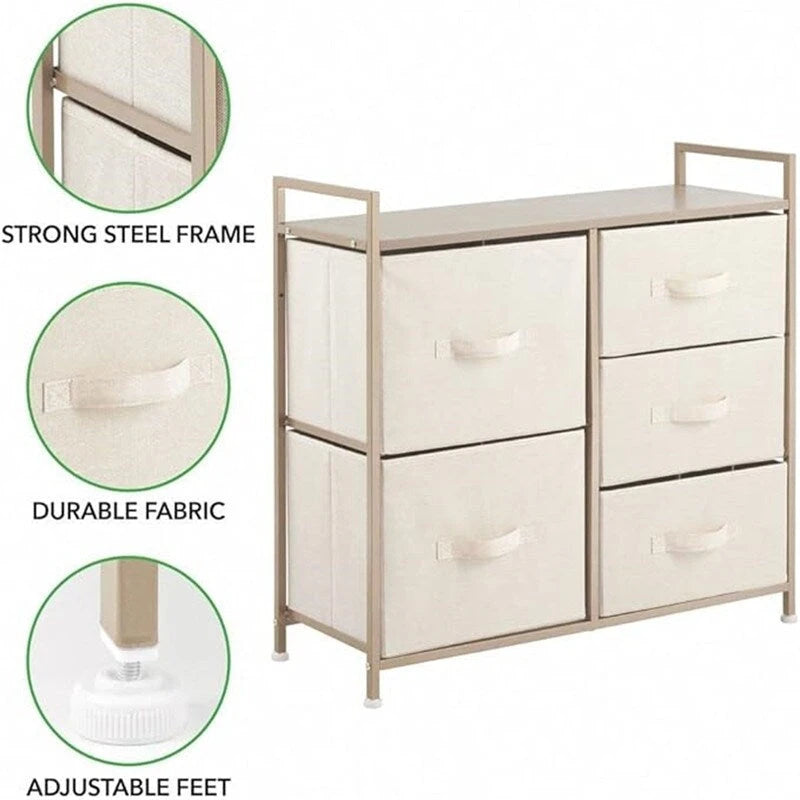 Commode de rangement à 5 tiroirs avec plateau en bois – Anthracite / Espresso / Crème Doré / Gris