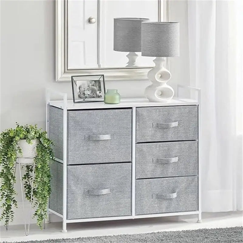 Commode de rangement à 5 tiroirs avec plateau en bois – Anthracite / Espresso / Crème Doré / Gris