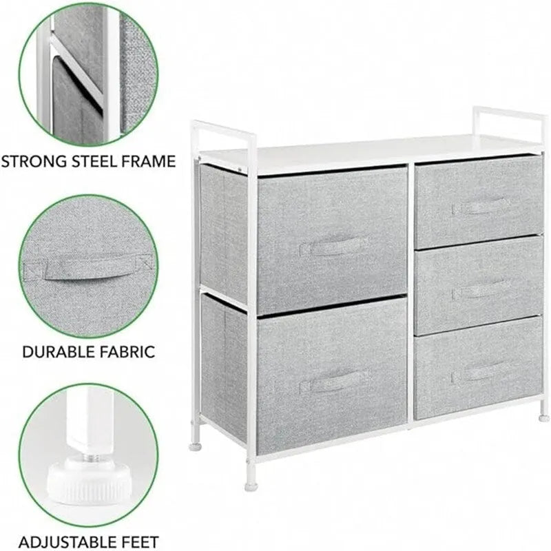 Commode de rangement à 5 tiroirs avec plateau en bois – Anthracite / Espresso / Crème Doré / Gris