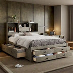 Lit plateforme Queen blanc/gris avec tête de lit de rangement et 8 tiroirs, pour 1 à 2 personnes