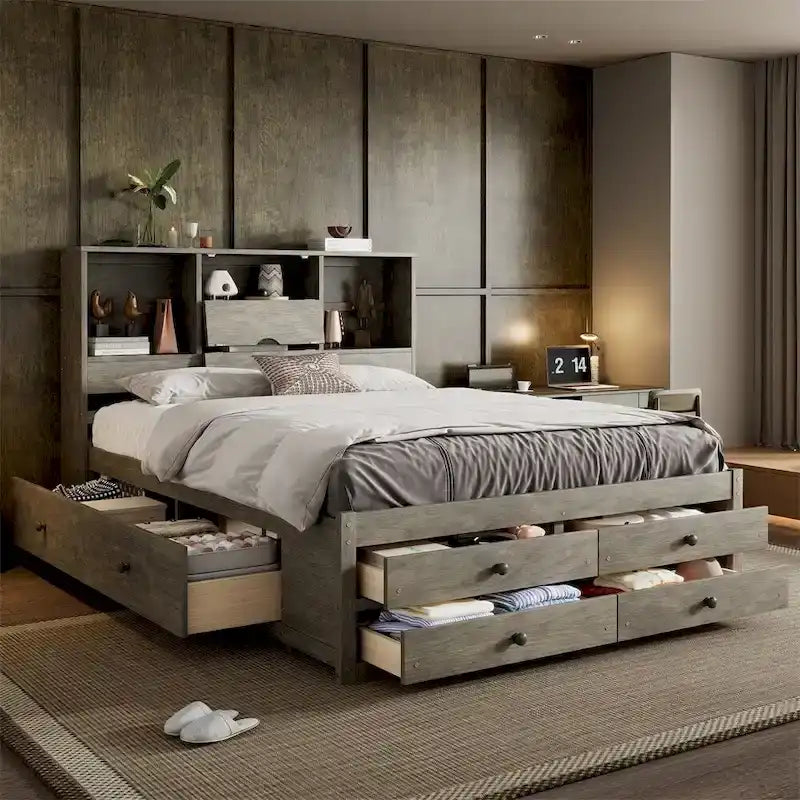 Lit plateforme Queen blanc/gris avec tête de lit de rangement et 8 tiroirs, pour 1 à 2 personnes