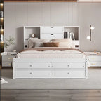 Lit plateforme Queen blanc/gris avec tête de lit de rangement et 8 tiroirs, pour 1 à 2 personnes