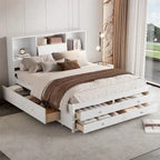 Lit plateforme Queen blanc/gris avec tête de lit de rangement et 8 tiroirs, pour 1 à 2 personnes