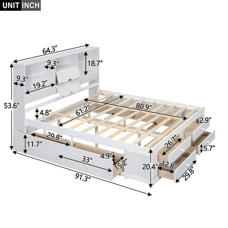 Lit plateforme Queen blanc/gris avec tête de lit de rangement et 8 tiroirs, pour 1 à 2 personnes