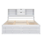 Lit plateforme Queen blanc/gris avec tête de lit de rangement et 8 tiroirs, pour 1 à 2 personnes