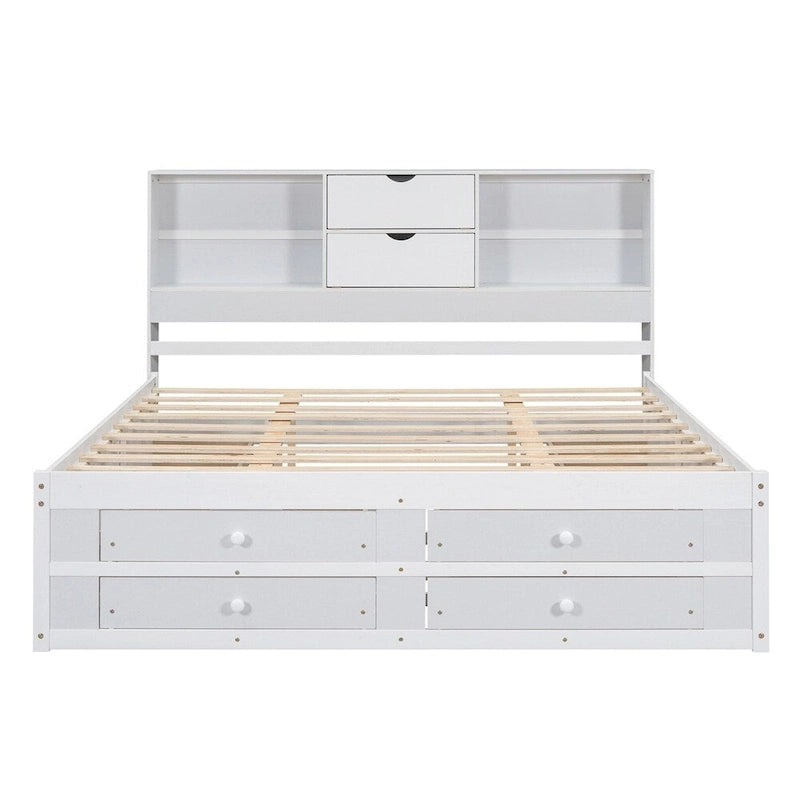Lit plateforme Queen blanc/gris avec tête de lit de rangement et 8 tiroirs, pour 1 à 2 personnes