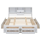 Lit plateforme Queen blanc/gris avec tête de lit de rangement et 8 tiroirs, pour 1 à 2 personnes