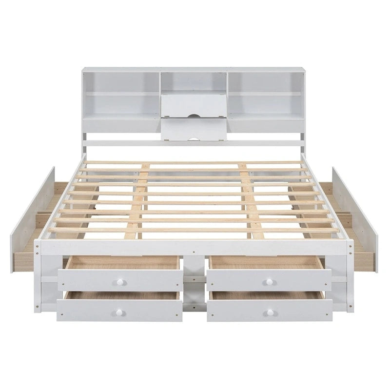 Lit plateforme Queen blanc/gris avec tête de lit de rangement et 8 tiroirs, pour 1 à 2 personnes