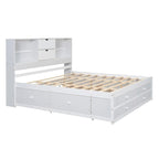 Lit plateforme Queen blanc/gris avec tête de lit de rangement et 8 tiroirs, pour 1 à 2 personnes