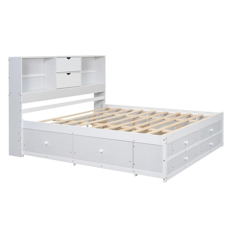 Lit plateforme Queen blanc/gris avec tête de lit de rangement et 8 tiroirs, pour 1 à 2 personnes