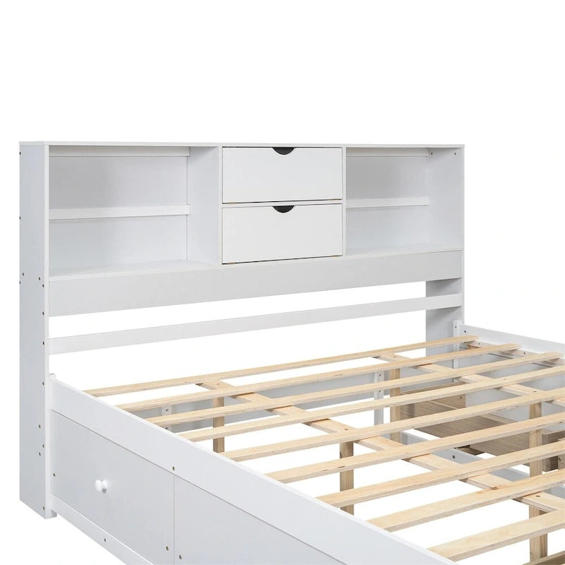 Lit plateforme Queen blanc/gris avec tête de lit de rangement et 8 tiroirs, pour 1 à 2 personnes