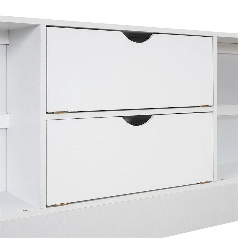 Lit plateforme Queen blanc/gris avec tête de lit de rangement et 8 tiroirs, pour 1 à 2 personnes