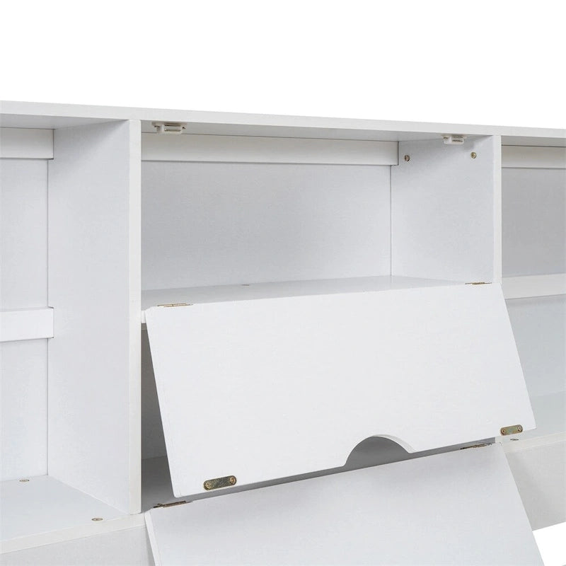 Lit plateforme Queen blanc/gris avec tête de lit de rangement et 8 tiroirs, pour 1 à 2 personnes